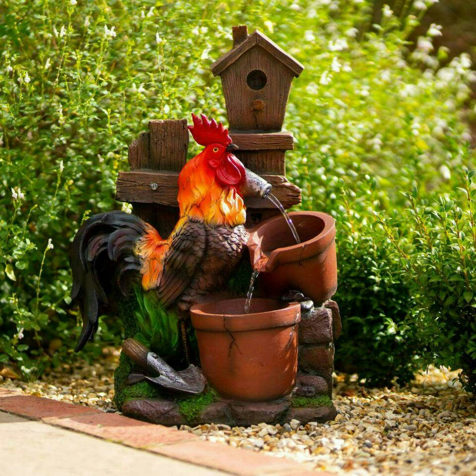 image 1 of Primrose Solar Rooster Pouring Pots Tiered Water Feature with Lights 57cm