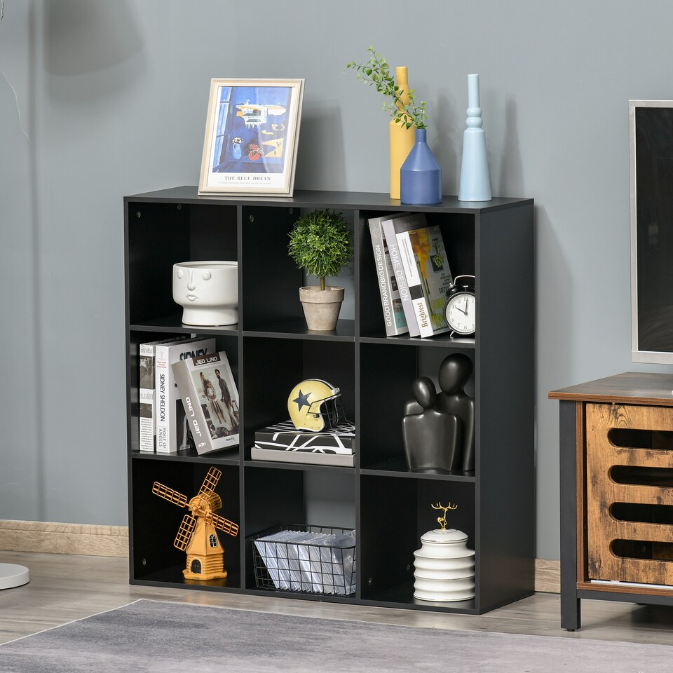 image 1 of HOMCOM 3-tier 9 Cubes Storage Unit Particle Board Cupboard Bookcase Organiser Home Office Shelves, Black