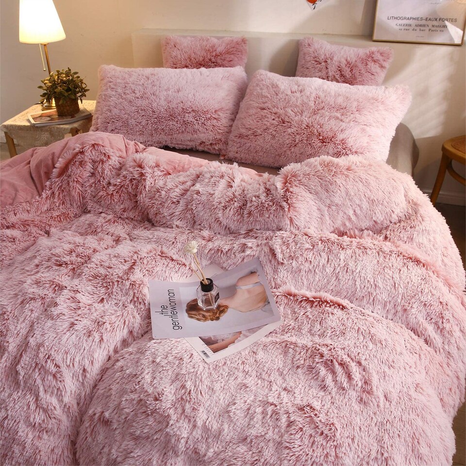 image 1 of Ezysleep Faux Fur Duvet Cover Set Soft Cozy Luxurious Bed Linen Easy Care | Pink | Pink