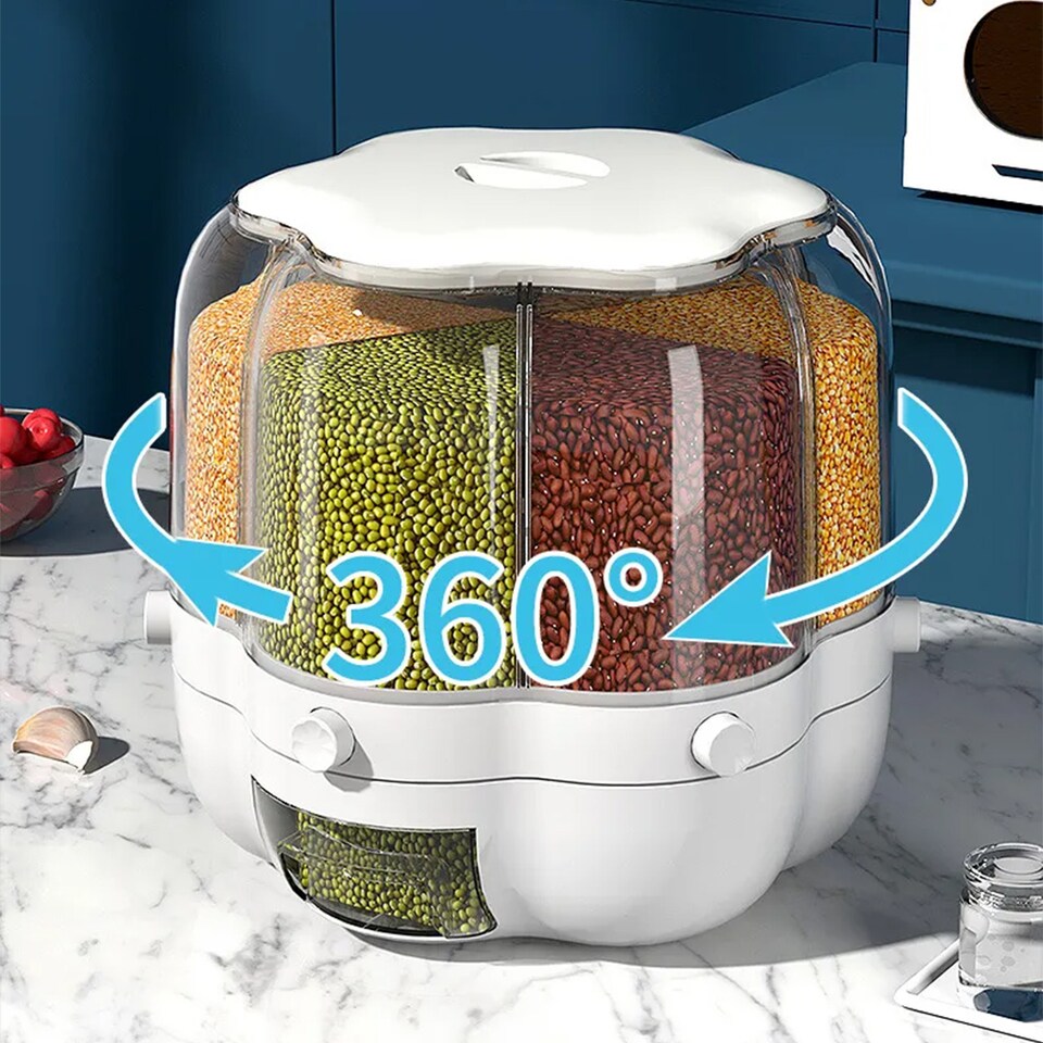 image 1 of Living and Home Food Grain Storage Container,6 Grids Rotating Storage Container for Kitchen | White