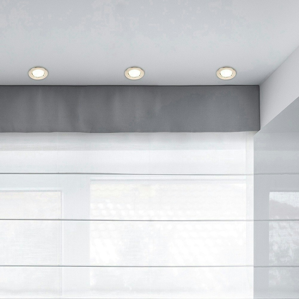 image 1 of ValueLights Pack of 6 - Fire Rated Brushed Chrome GU10 Recessed Ceiling Downlight/Spotlights With 5w LED Bulbs In Warm White