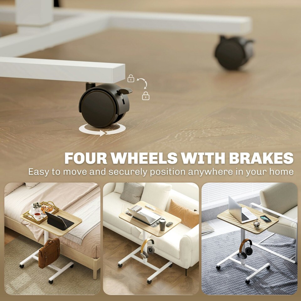 image 1 of HOMCOM Standing Desk Mobile Overbed Table w/ Wheels for Home Office Natural