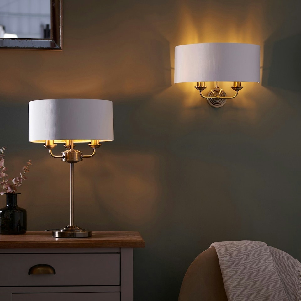 image 1 of Highclere Shade Wall Lamp, Antique Brass Plate, Vintage White Fabric