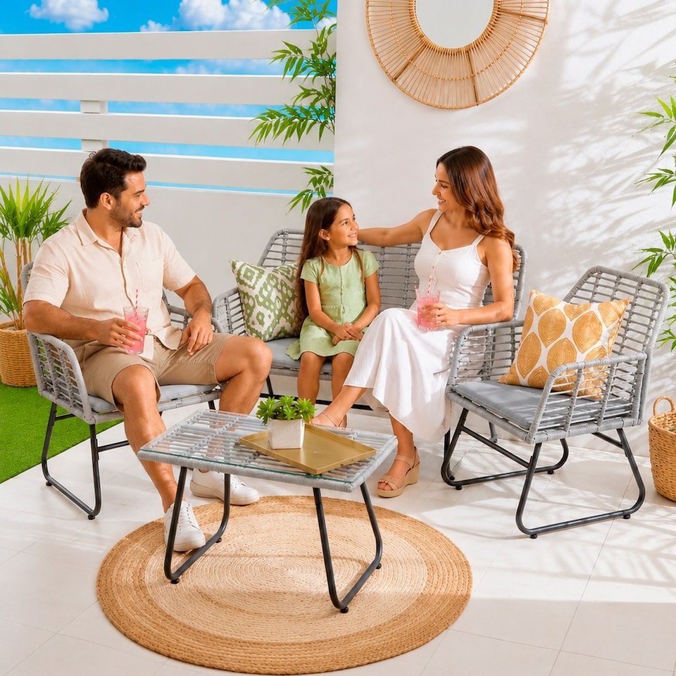 image 1 of Neo Grey 4 Piece Wicker Bamboo Style Garden Sofa, Table & Chairs Set