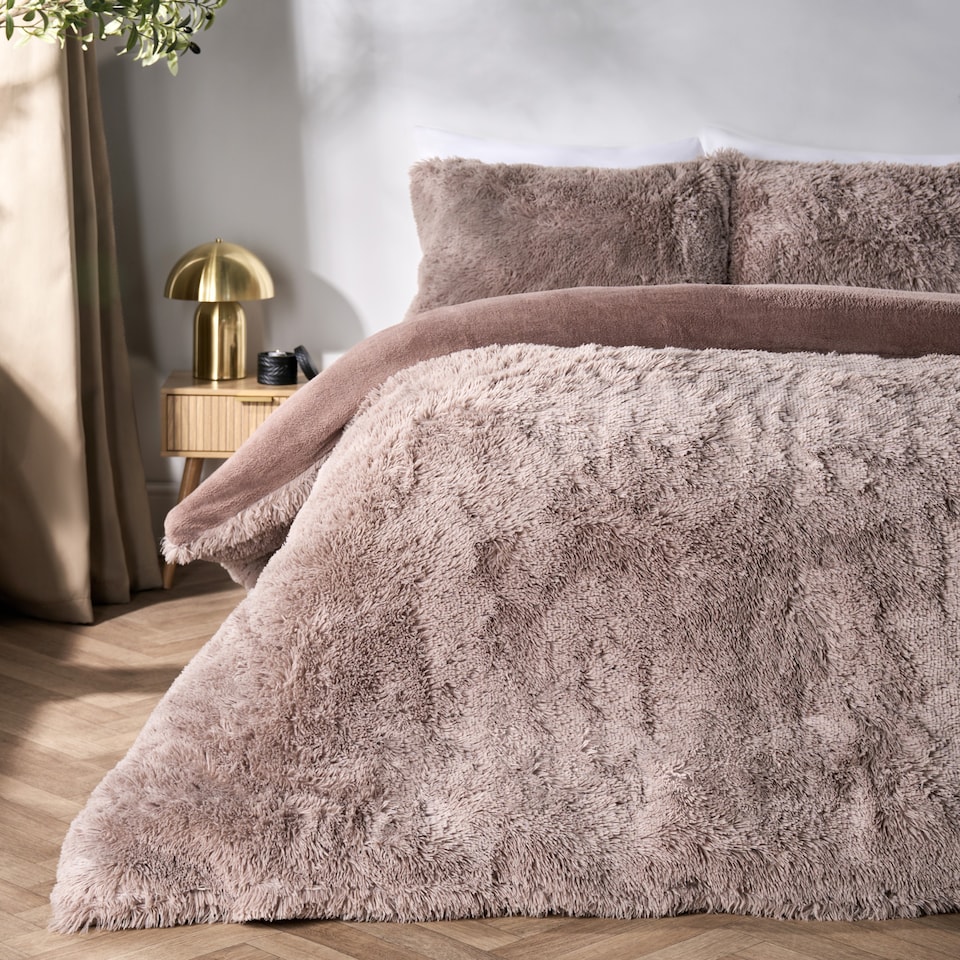 image 1 of OHS Teddy Duvet Cover Set Bedding Soft Fleece Faux Fur Shaggy | Brown | Natural | Double