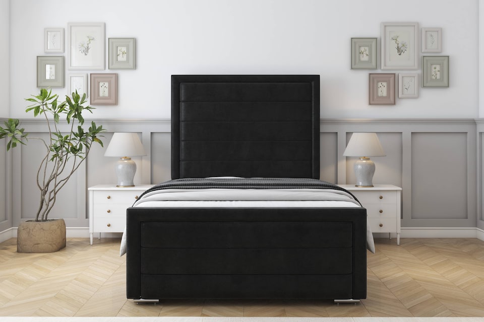 image 1 of Sloomy Ashford Black Plush Bed Frame With Mattress With 50" Upholstered Headboard 4' Small Double