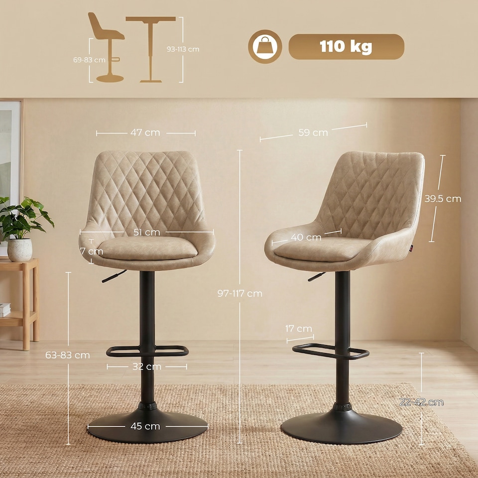 image 1 of HOMCOM PU Leather Padded Bar Stools Set of 2 with Metal Base, Khaki