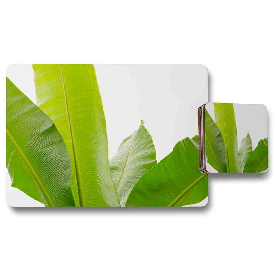 Green Leaves On White Placemat & Coaster Set