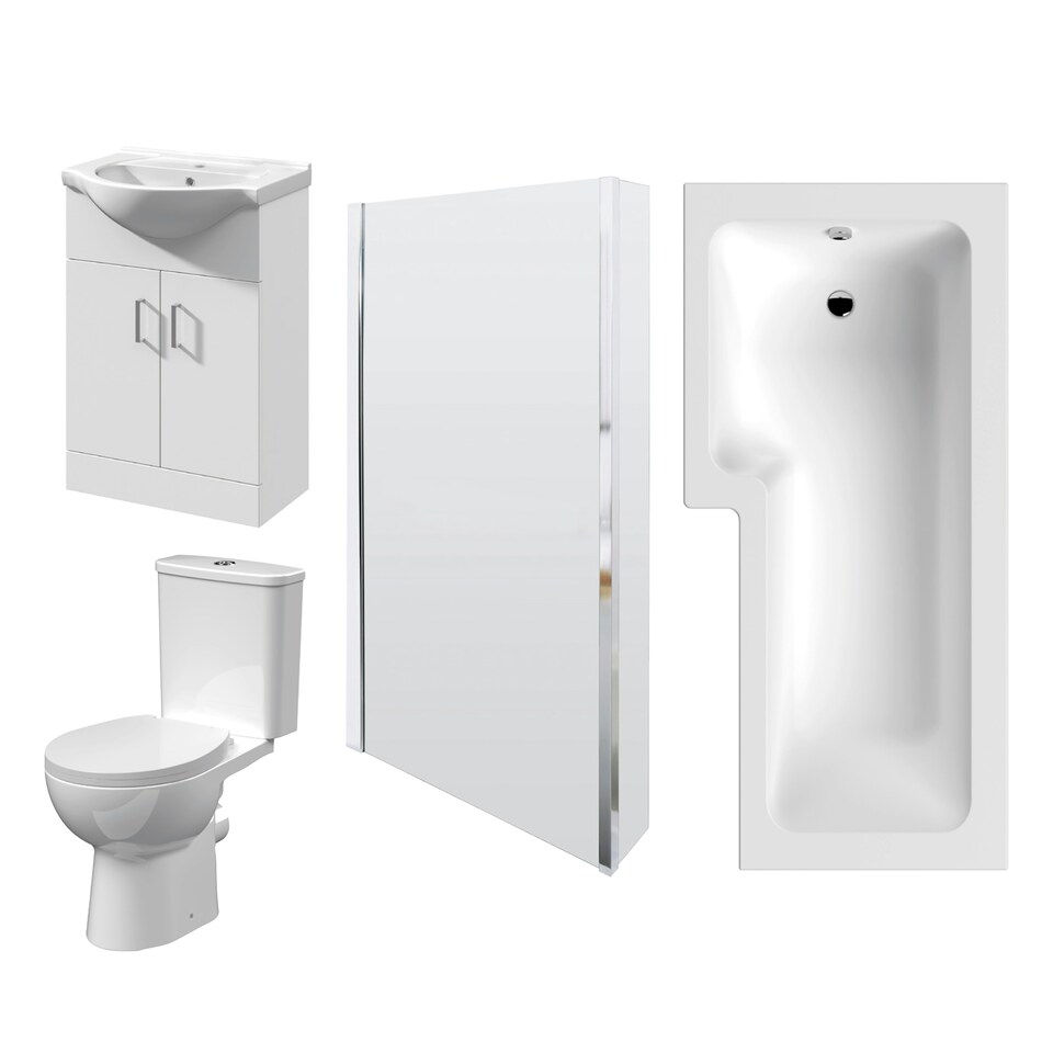 1700mm Bathroom Suite - L Shape Shower Bath, Front Panel, Shower Bath Screen, Vanity Basin Unit and Toilet and Seat, Gloss White White
