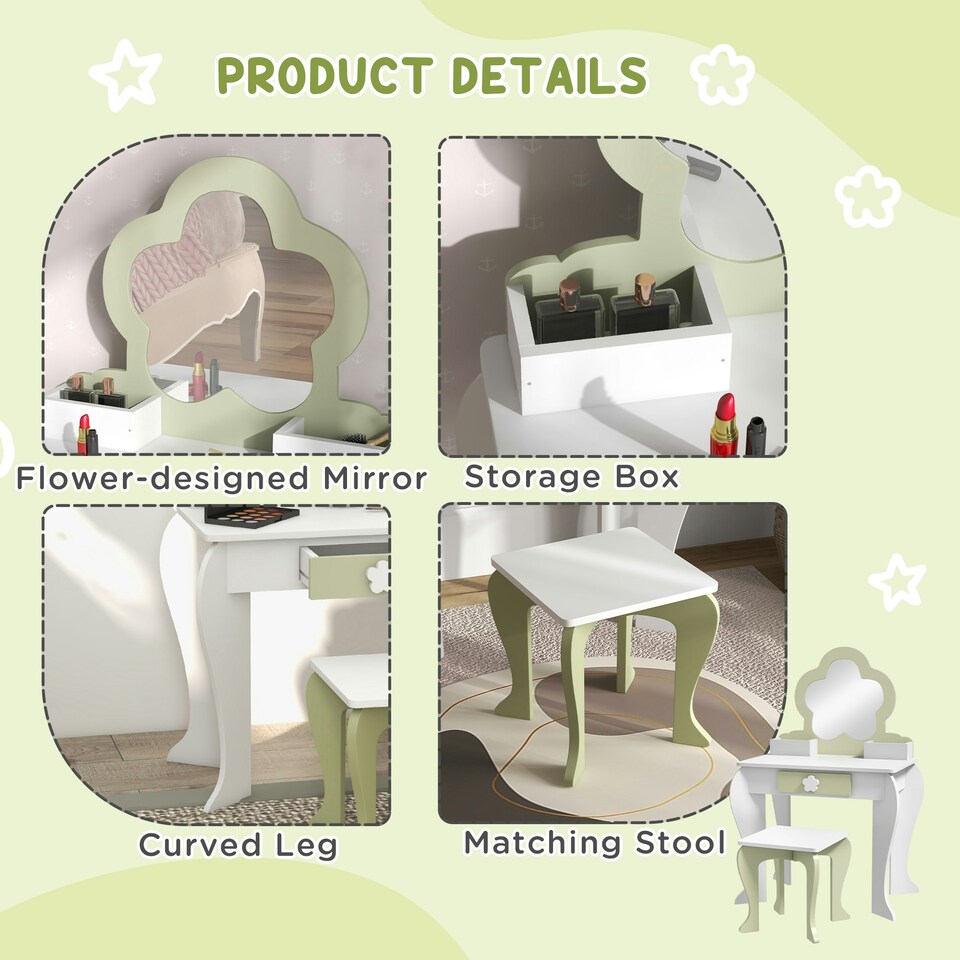 image 1 of ZONEKIZ Kids Vanity Table Set, Beauty Flower Design, for Ages 3-6 Years - White White