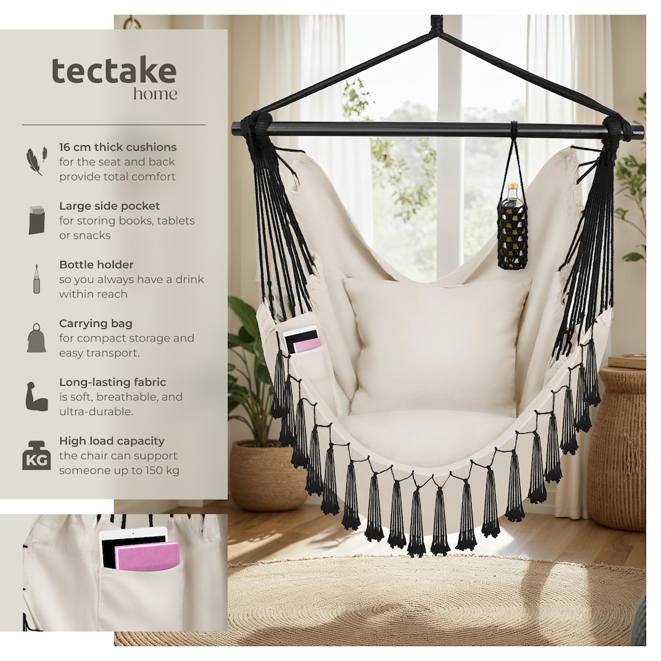 image 1 of Hanging Chair Malika, Boho Style, Load Capacity 150kg | Cream | beige | One Size | 1