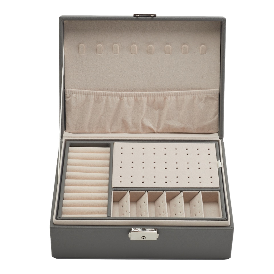 image 1 of Living and Home Lockable Double Tier Faux Leather Jewellery Organizer | Grey