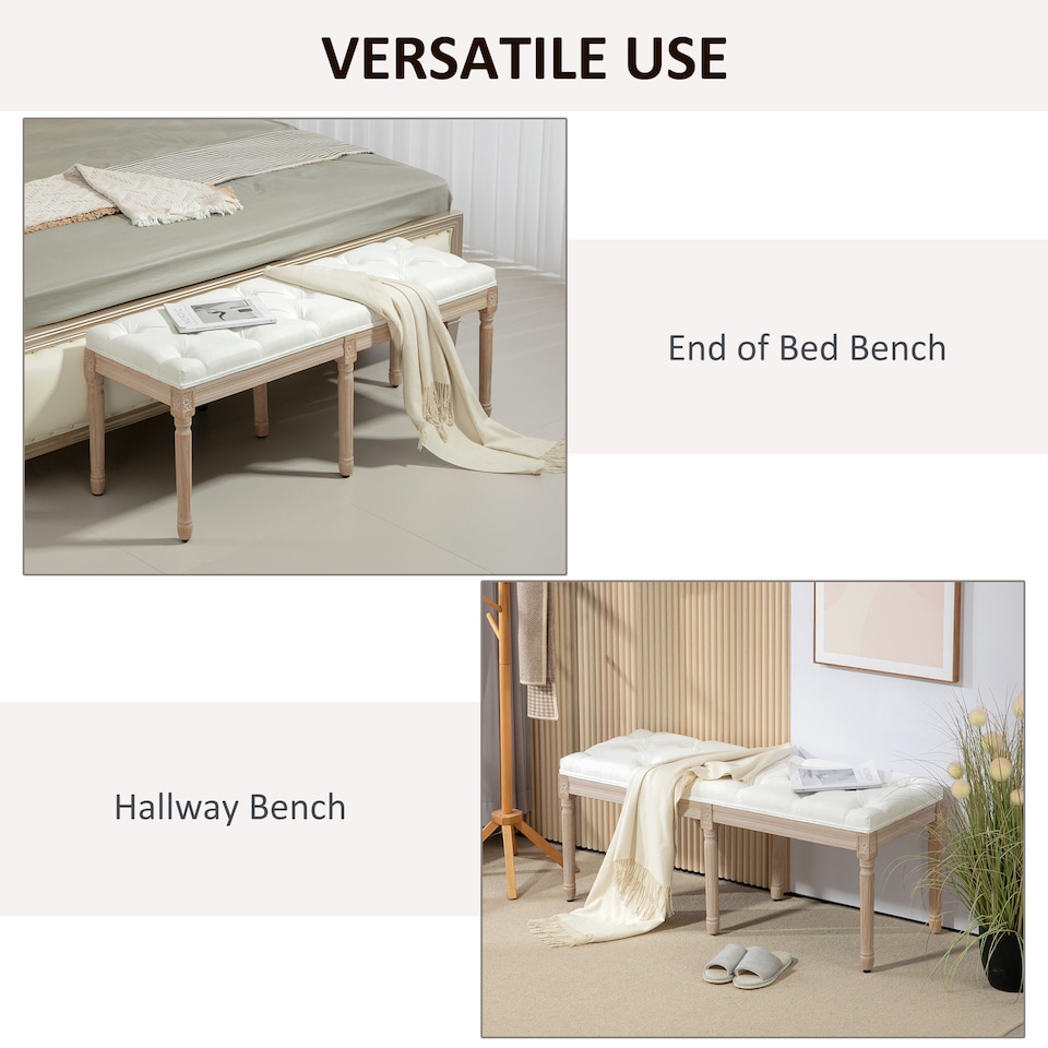 image 1 of HOMCOM Bedroom End of Bed Bench, 117cm French Vintage Bench with Thick Padding and Wood Legs, Button Tufted Bench for Entryway Living Room Bedroom Decor, Cream White