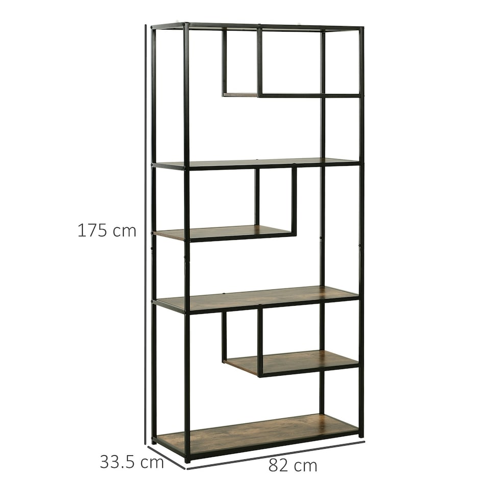 image 1 of HOMCOM Wood Bookshelf Industrial Style 6 Tier Living Room Display Rack Organiser
