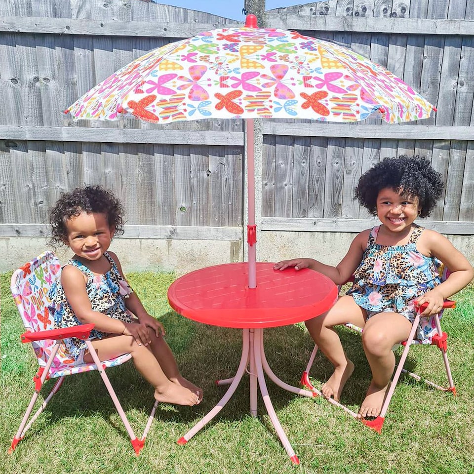 image 1 of Outsunny Kids Folding Picnic Table Chair Set Butterfly Pattern Outdoor Parasol