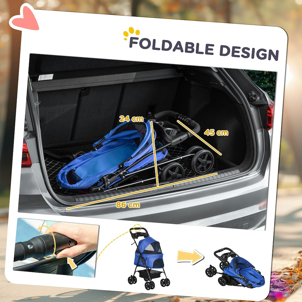 image 1 of PawHut Pet Stroller Foldable Travel Carriage w/ Brake Basket Canopy, Blue