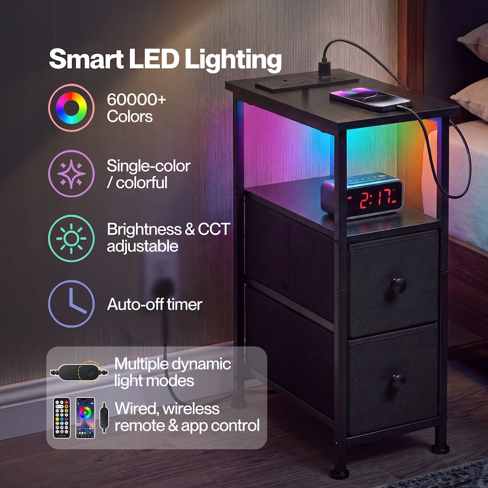 image 1 of Levede Bedside Table Narrow Side Table with LED Charging Station Storage Black