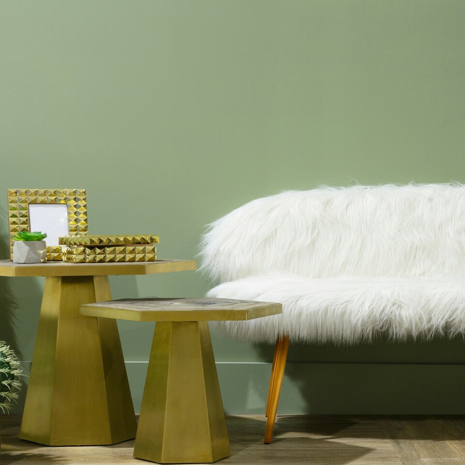 image 1 of Interiors By Premier Stylish Sofa With Gold Finish Legs, Crisp White Seat 2 Seater Sofa For Bedroom, Faux Fur Upholstered Couch White