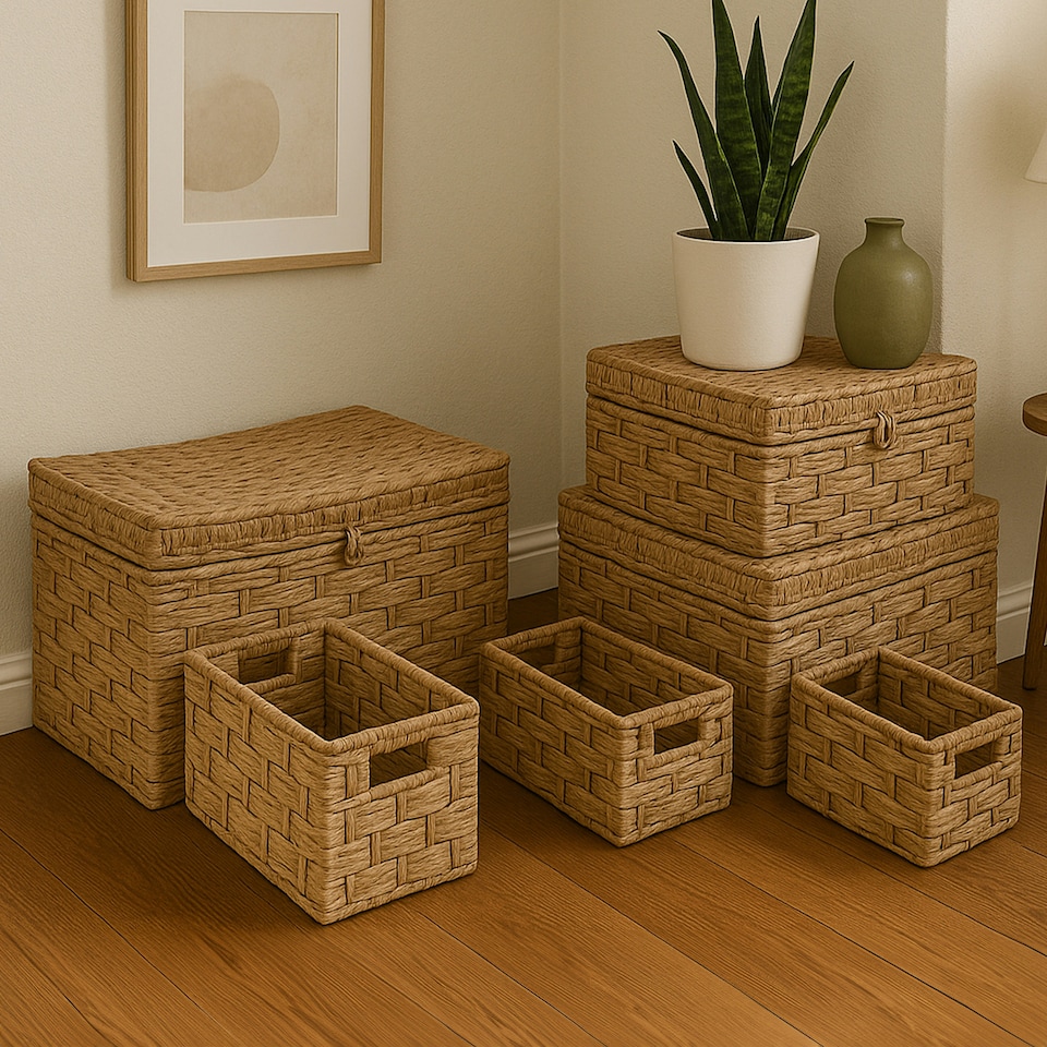 image 1 of Interiors By Premier Set Of 6 Water Hyacinth Storage Baskets, Woven Storage Baskets With Loop & Side Handles, Hyacinth Basket Cream