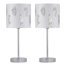 Set of 2 Chrome Touch Operated Table Lamps with White Fern Shades Chrome | White