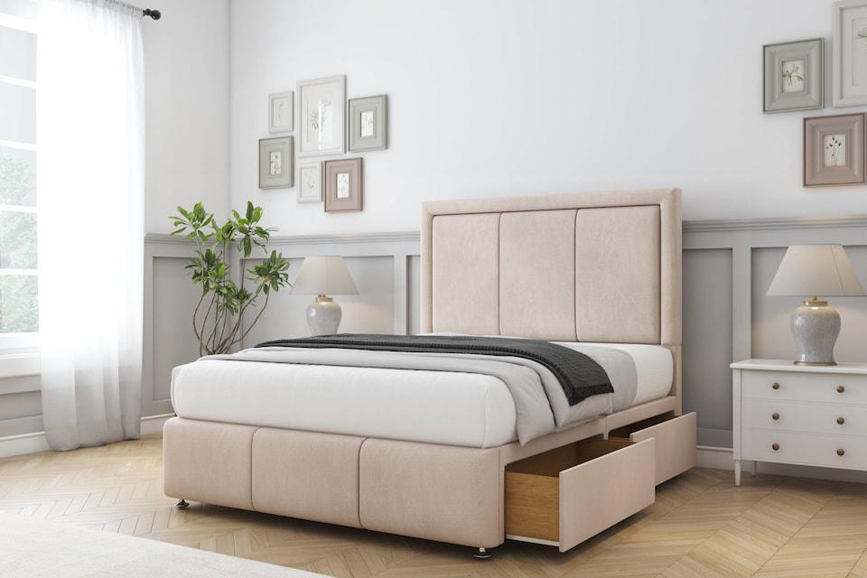 image 1 of Sloomy Lancaster Sand Naples Divan Bed With Mattress 2 Drawers Footend With 26" Strutted Headboard & 12" Matching Footboard 5' King | Cream | Sand | King | 1
