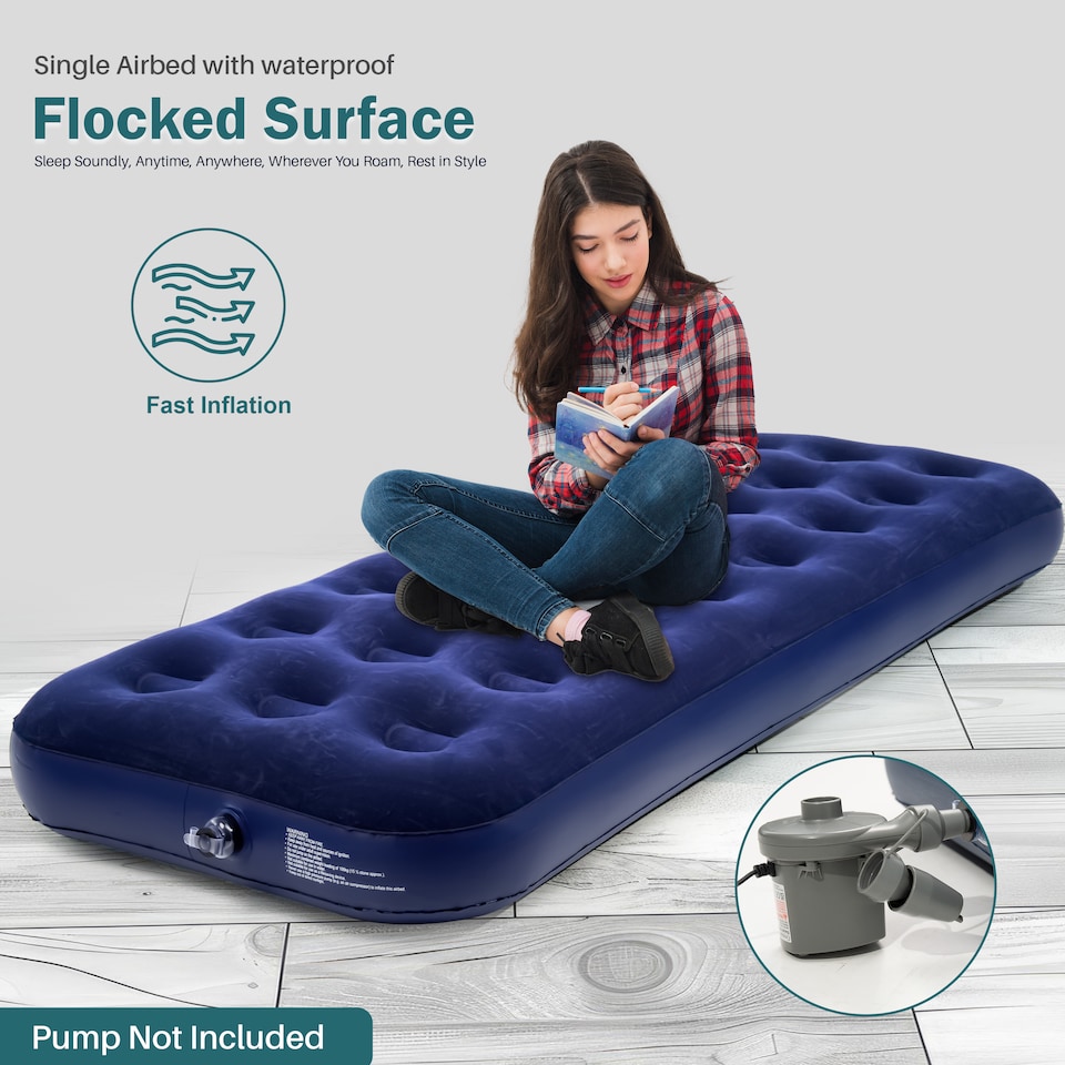 image 1 of Single Flocked Camping Airbed Inflatable Mattress Blow Up Air Bed | Blue | Blue | Single