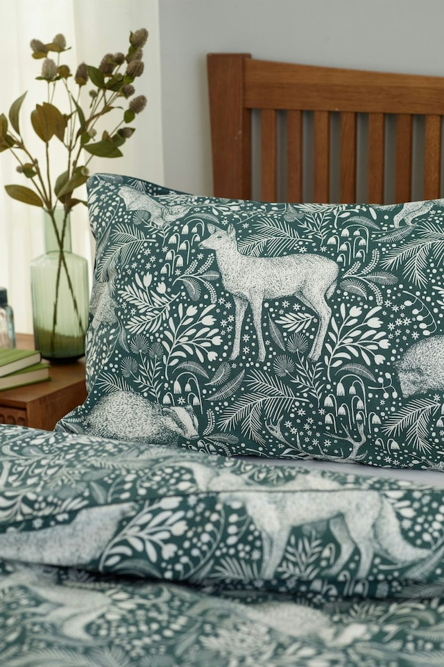 image 1 of Woodland Folk Cotton Blend Duvet Cover Set – Forest Print Bedding | Green | Super King