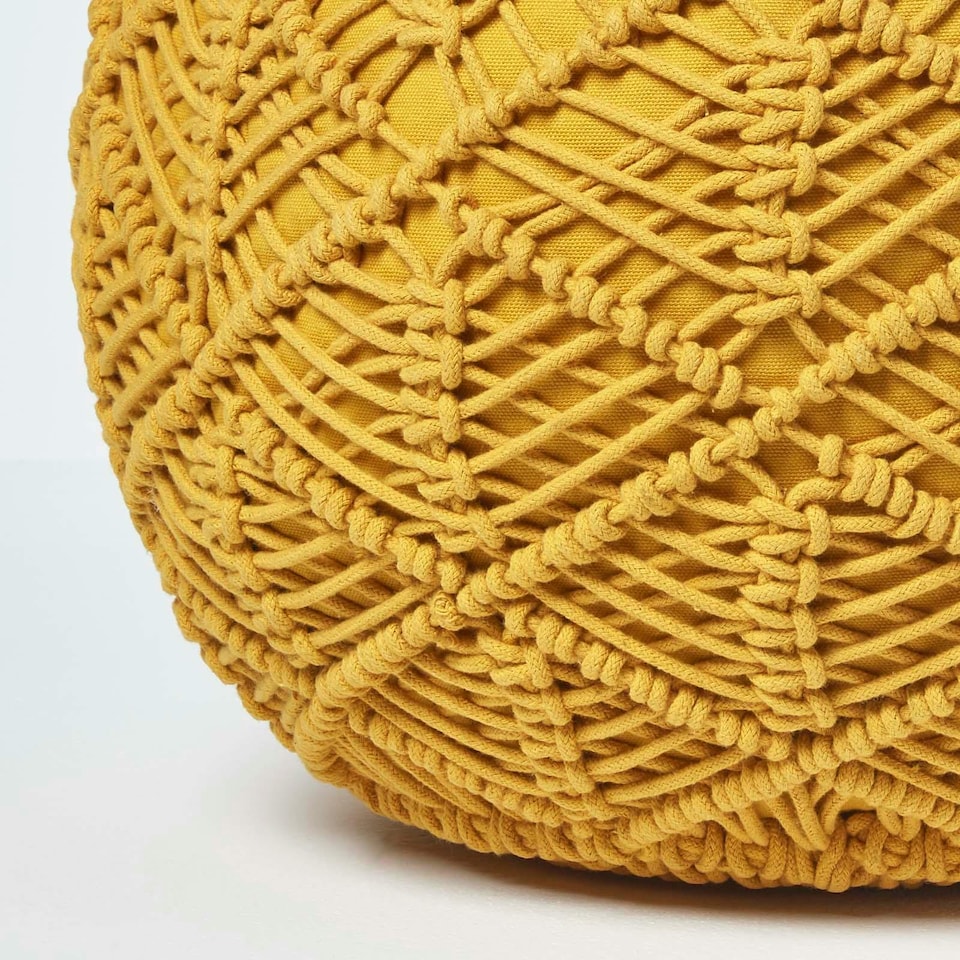 image 1 of Homescapes Mustard Macrame Knitted Pouffe - 40 x 50 cm
