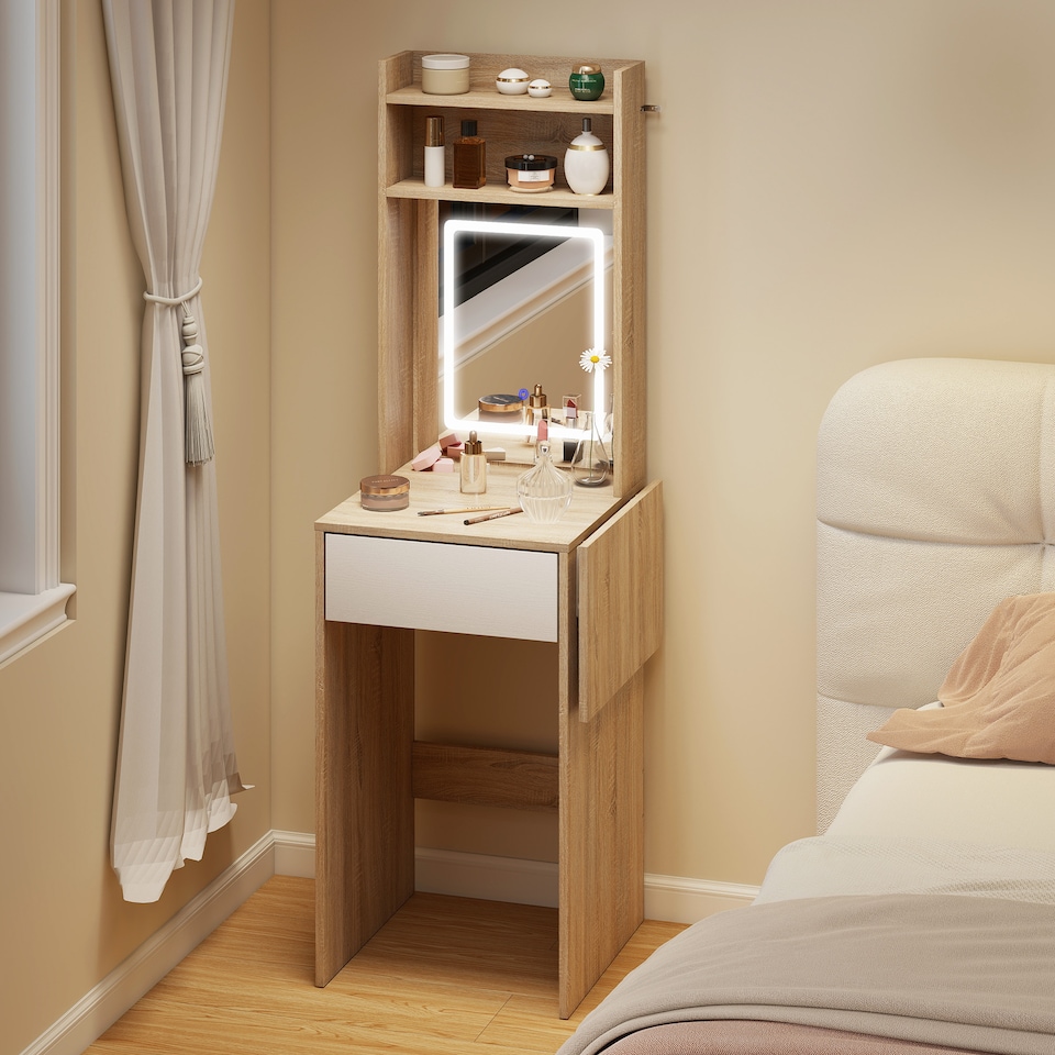 image 1 of HOMCOM Compact Dressing Table with Lighted Mirror Open Shelves Drawer | Brown