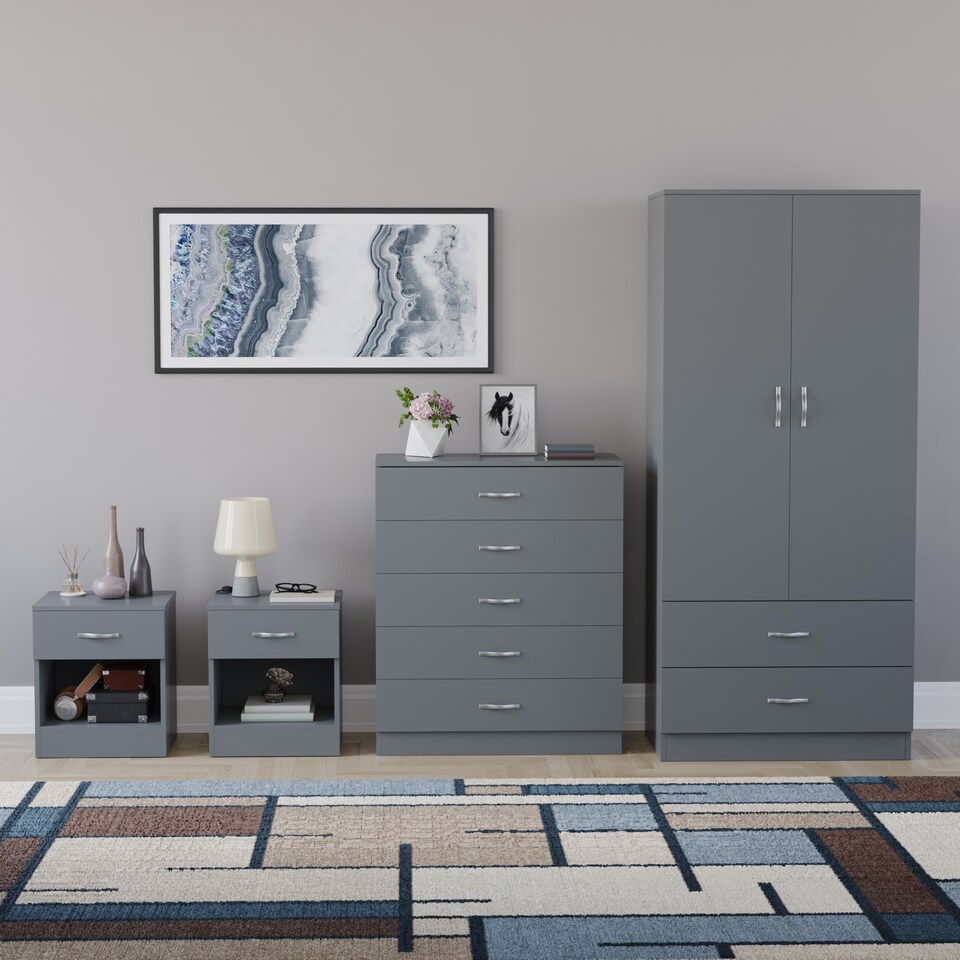 image 1 of Vida Designs Riano 4 Piece Bedroom Set (1 Drawer Bedside Chest, 5 Drawer Chest, 2 Door 2 Drawer Wardrobe), Grey (5)