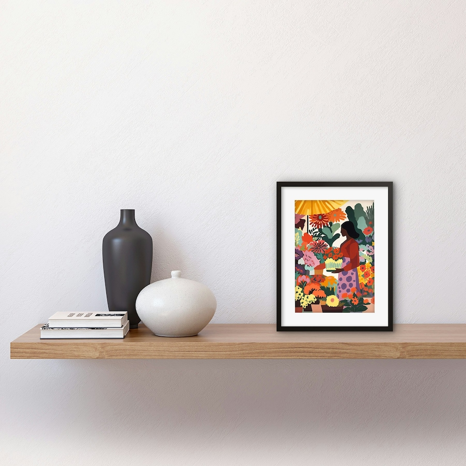 image 1 of Danish Pastel Aesthetic Florist Flower Market Watercolour 9x7" Black Framed Wall Art Print
