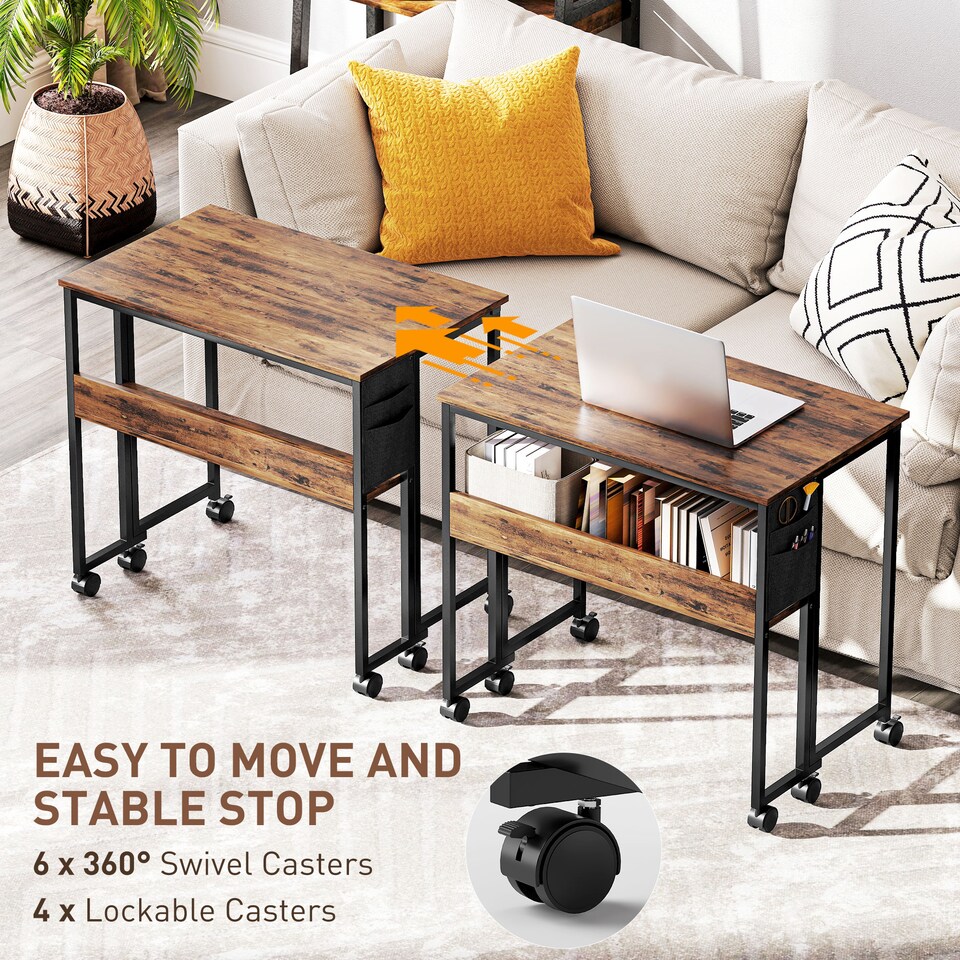 image 1 of HOMCOM 80 cm Foldable Computer Desk on Wheels for Small Spaces Rustic Brown