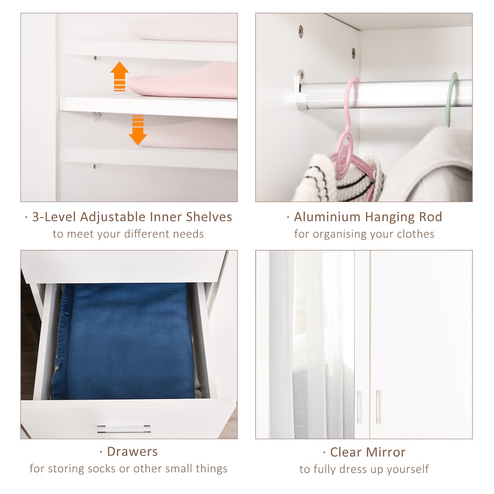 image 1 of HOMCOM 2 Door 3 Drawer Mirrored Wardrobe with Hanging Rail, Modern Clothes Storage Cupboard with Mirror, Drawers and Adjustable Shelves for Bedroom, 80 x 50 x 180 cm, White