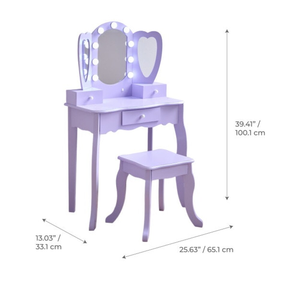 image 1 of Teamson Kids Heart-Shaped Play Vanity Table with LED Lights, Triple Mirror, Stool & Storage Drawers, Violet | Purple