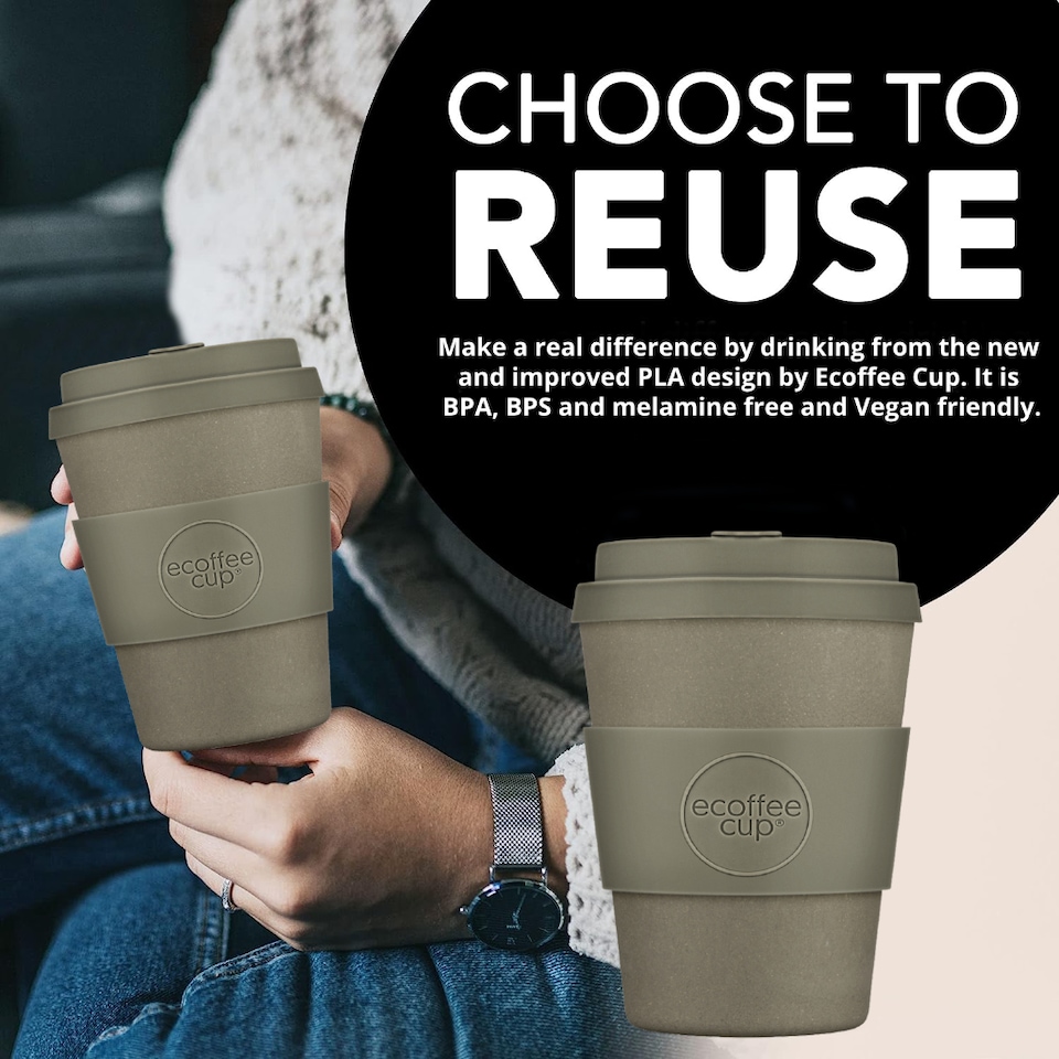 image 1 of Ecoffee Cup 12oz 350ml Reusable Eco-Friendly, Plant Based Coffee Cup with Silicone Lid & Sleeve, Molto Grigio | Grey | Molto Grigio