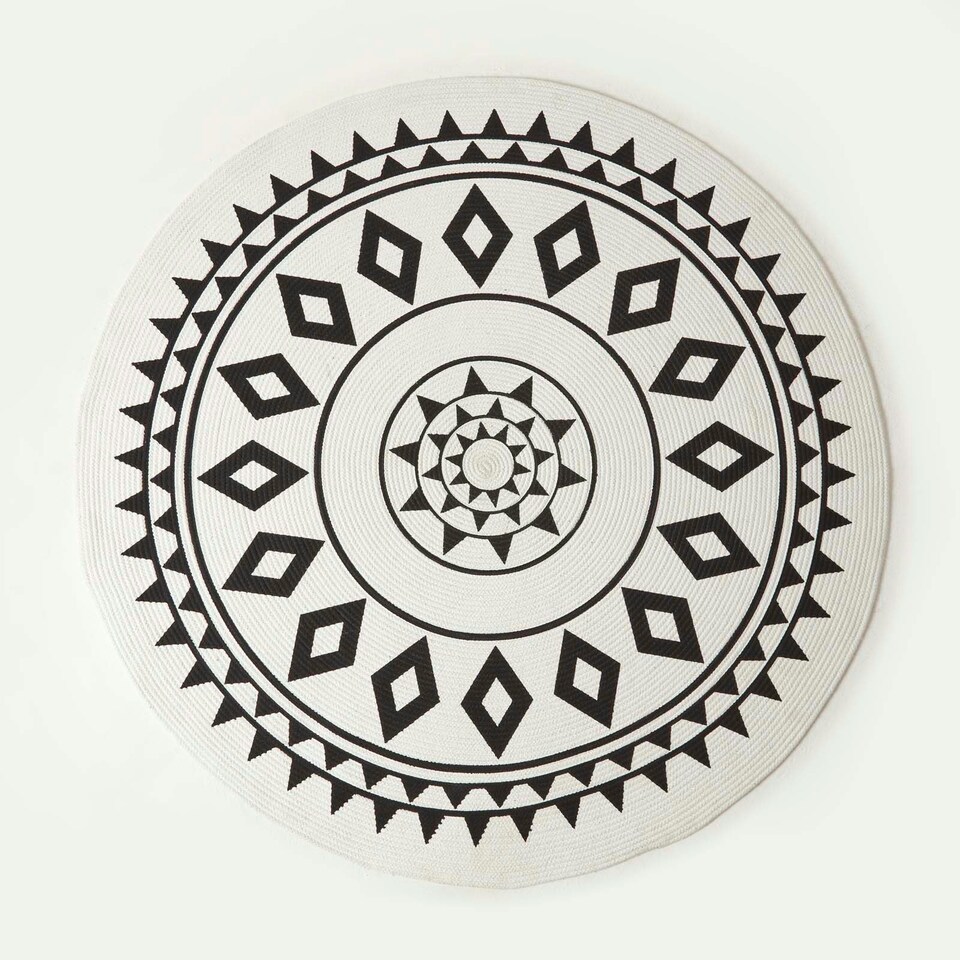 image 1 of Homescapes Lia White and Black Mandala Handoven Cotton Rug - 200 cm Round Black | 200 cm Round
