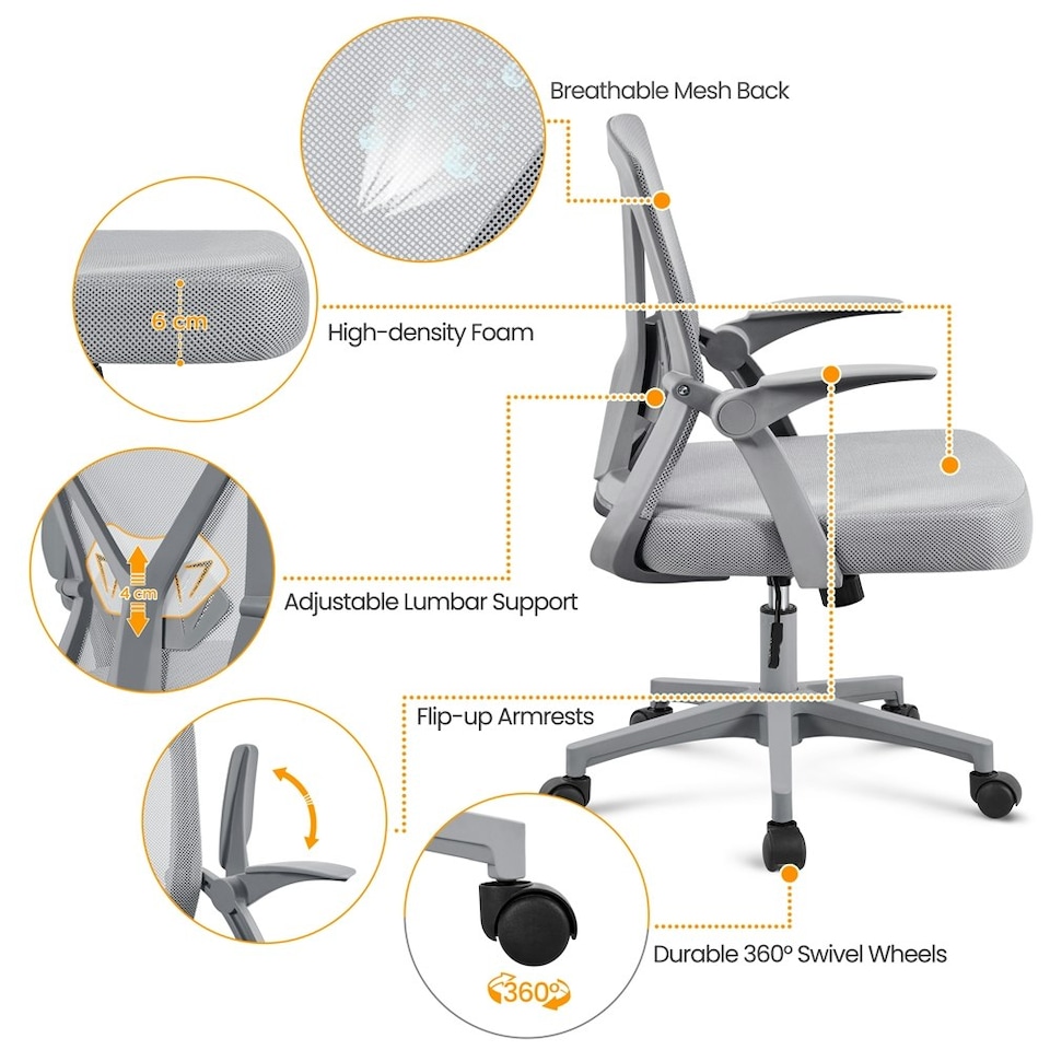 image 1 of Yaheetech Mesh Office Chair with 90° Flip-up Armrests | Grey | Full Grey