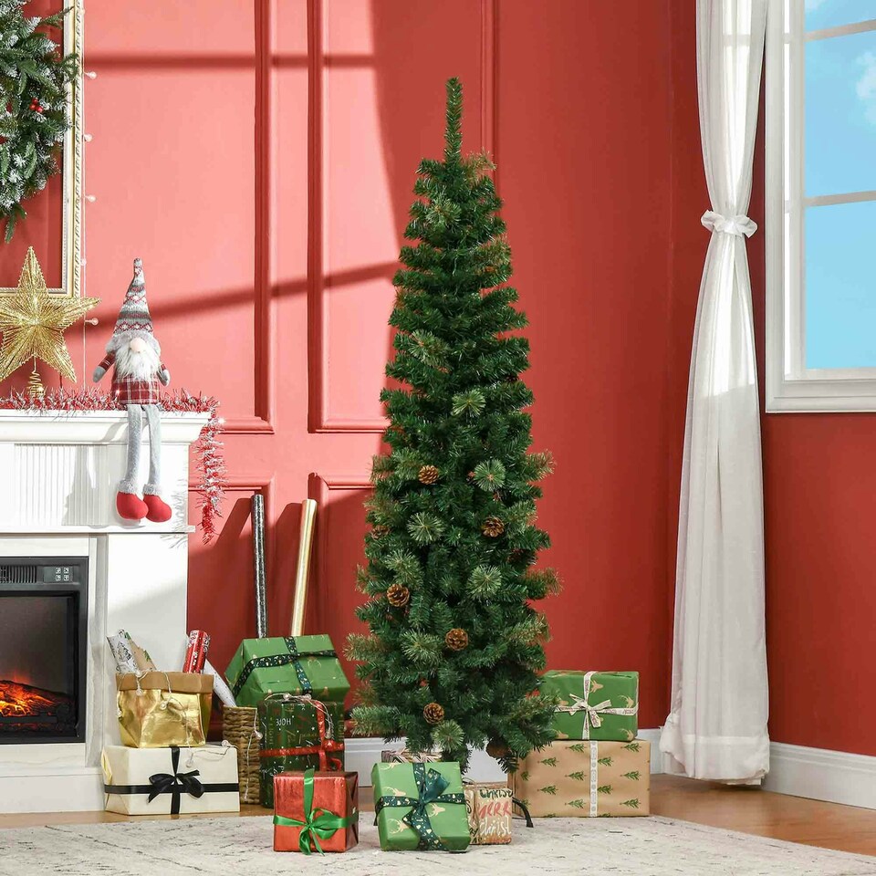 image 1 of HOMCOM 5.5FT Artificial Slim Christmas Tree Holiday Home Décor with Pine Cones