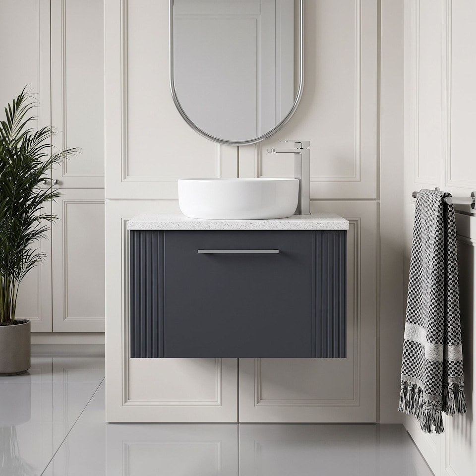 image 1 of Balterley Partial Fluted 1 Drawer Wall Hung Vanity Unit with Sparkling Laminate Worktop | Grey | Satin Soft Black
