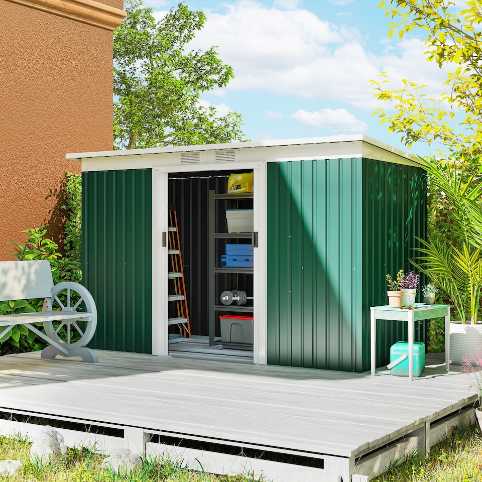 image 1 of Outsunny 9ft x 4ft Metal Garden Shed, Outdoor Tool House with Foundation Kit, Ventilations and Double Doors, Deep Green