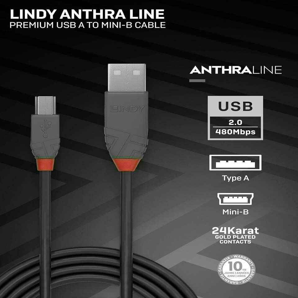 image 1 of 0.2m USB 2.0 Type A to Mini-B Cable, Anthra Line