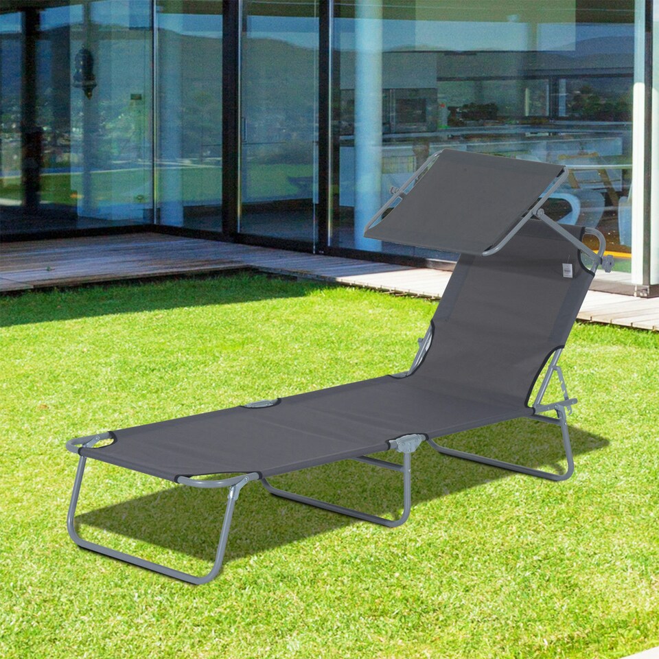 image 1 of Outsunny Folding Chair Sun Lounger Recliner Seat Sunshade Garden Outdoor Grey