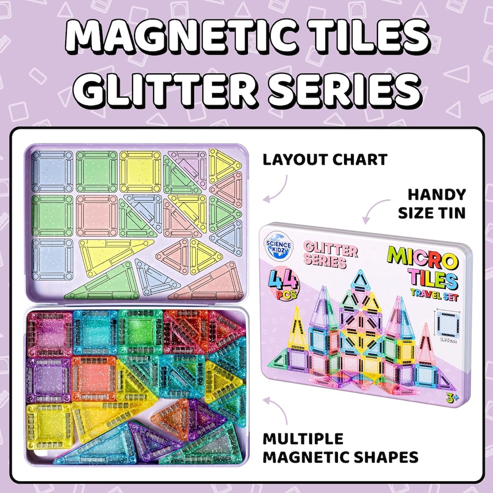 image 1 of Science Kidz 44-Piece Glitter Series Mini Magnetic Tiles Travel Set
