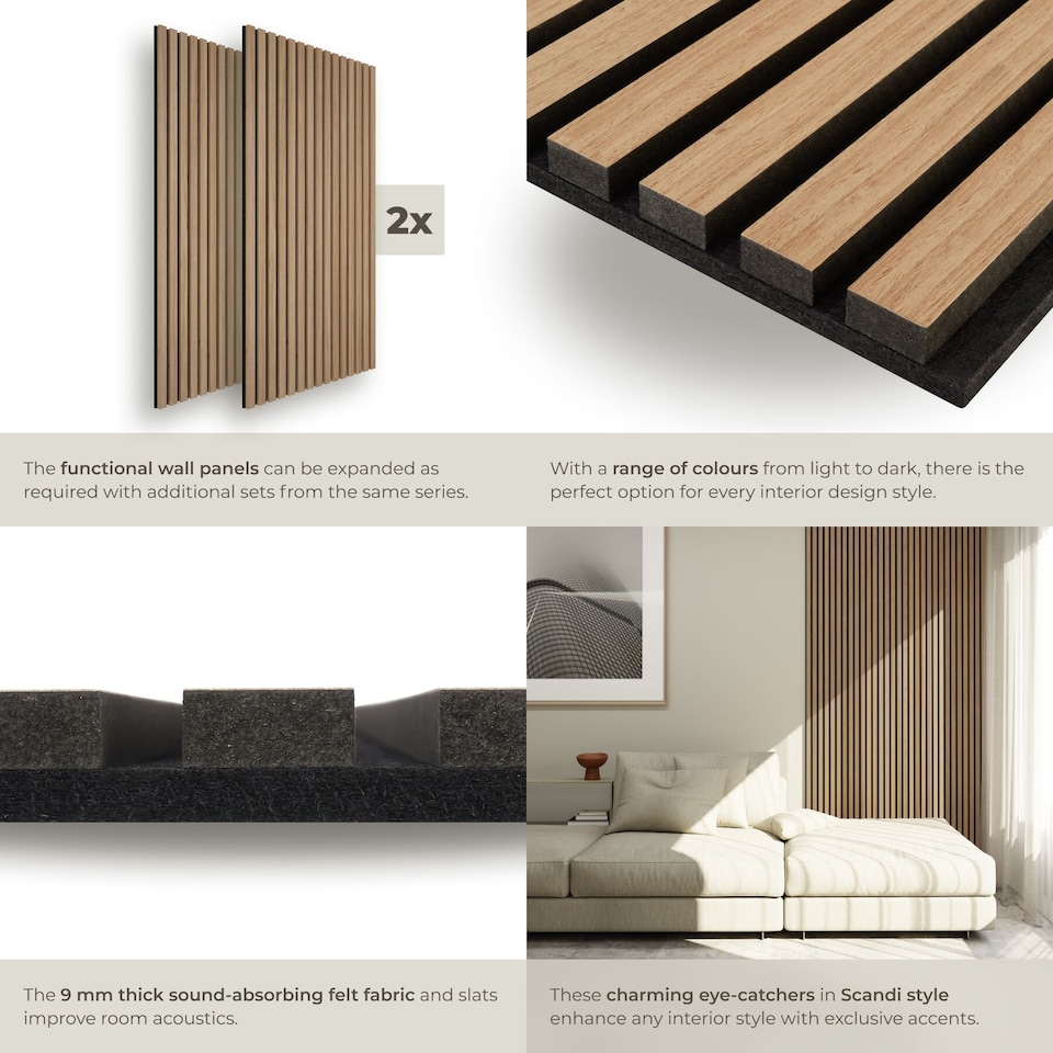 image 1 of Acoustic Wall Panels with Wood Veneer Slats, Thick Felt and Easy to Install | Brown | oak | 120 x 60 x 120 cm | 2