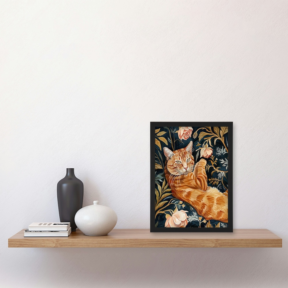 image 1 of Cat Lover Moggie Pet in Rose Garden Watercolour Black Framed Wall Art Print A4