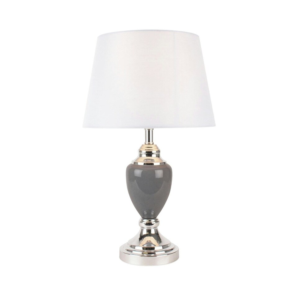 image 1 of First Choice Lighting Set of 2 Chrome and Grey Urn Table Lamps with White Shades Chrome | White