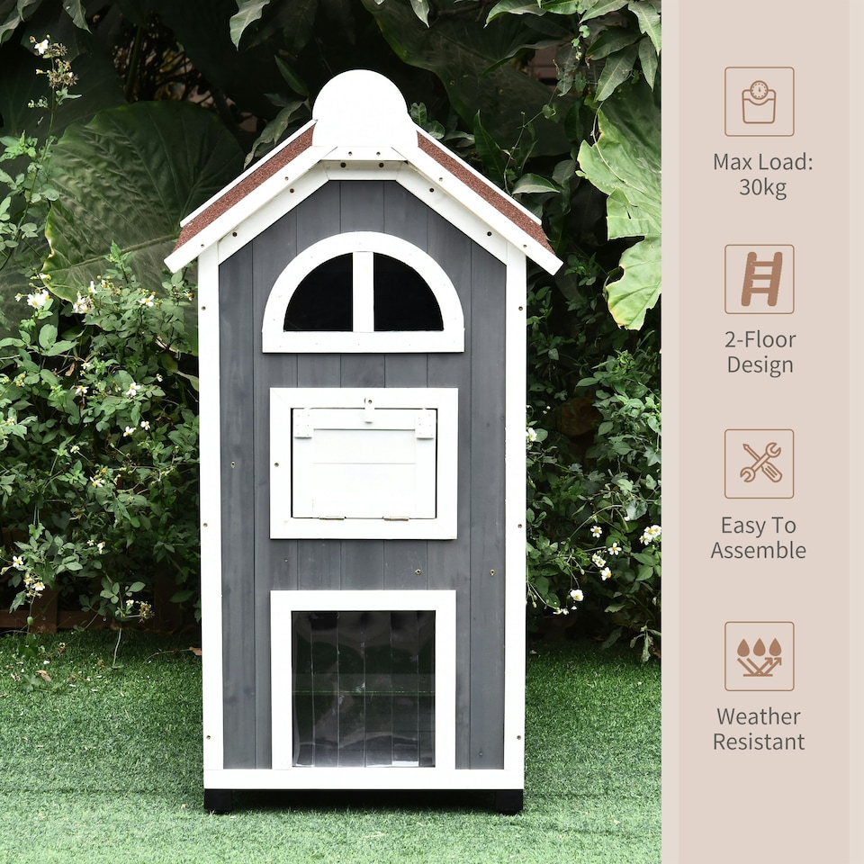 image 1 of PawHut Wooden Cat House Condos Cat Cave 2 Floor Pet Shelter Outdoor Furniture