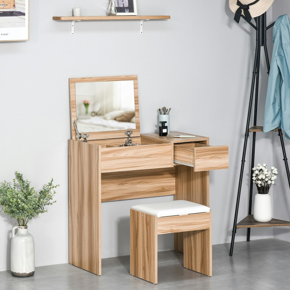 image 1 of HOMCOM Dressing Table Set Cushioned Stool Flip-up Mirror Drawer Chipboard Wood