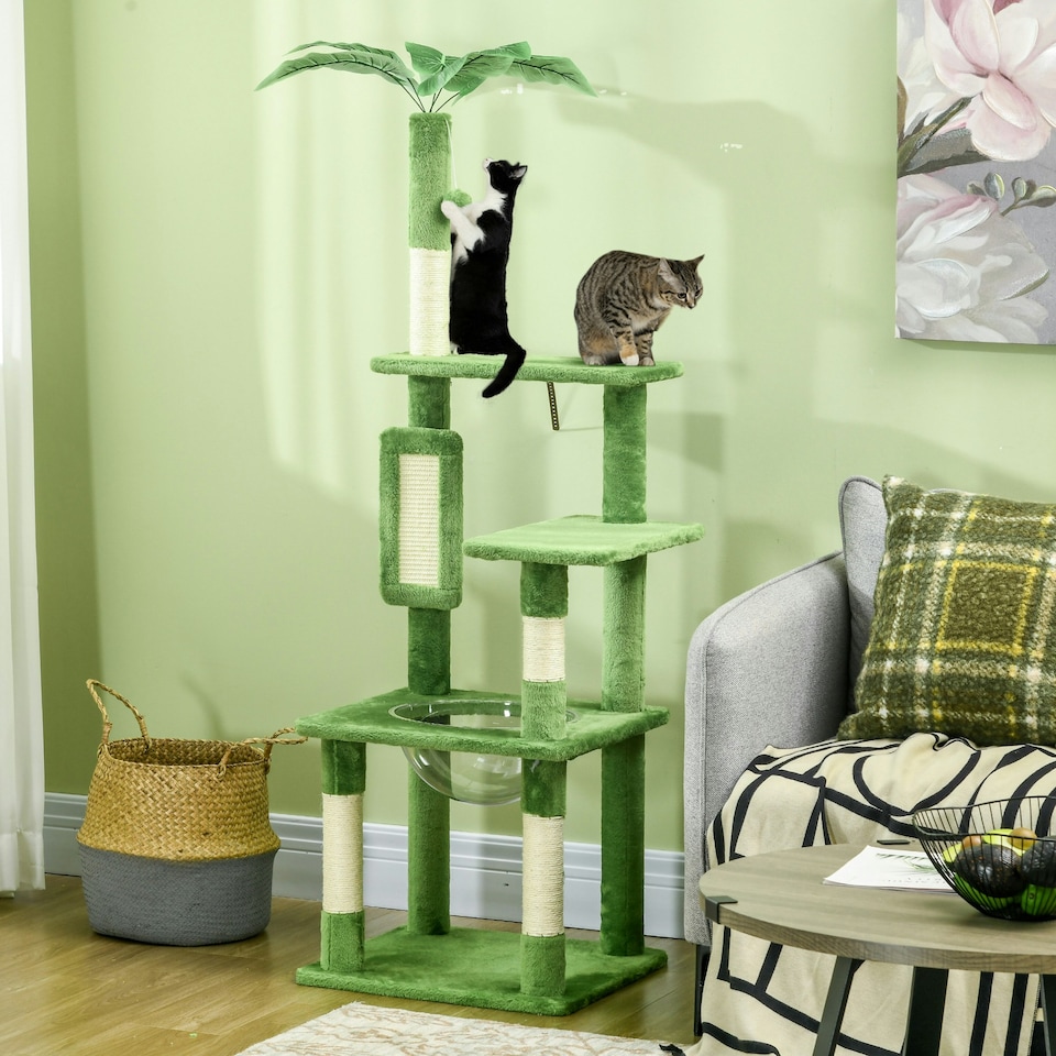 image 1 of PawHut 142cm Cat Tree with Scratch Posts Hammock Platforms Toy Balls, Green