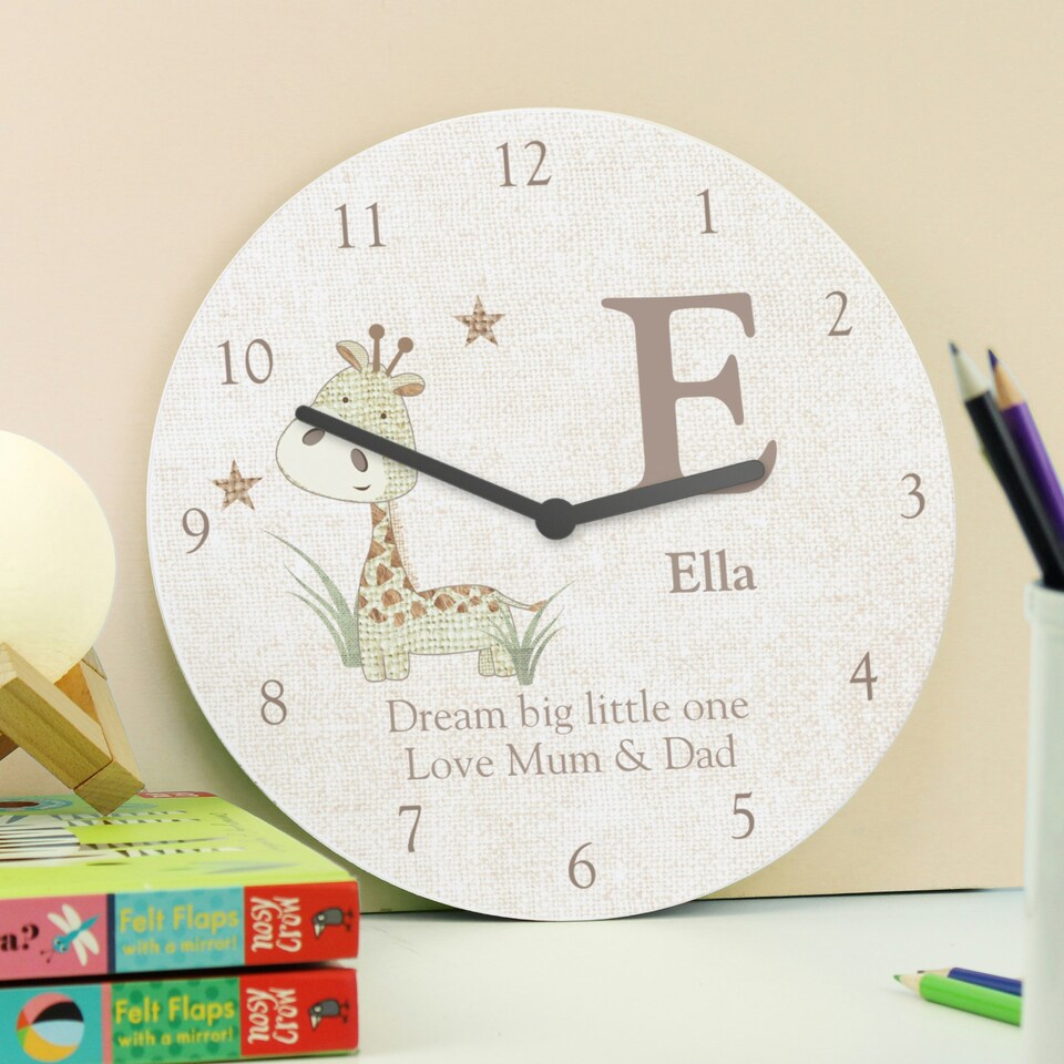 image 1 of Personalised Hessian Giraffe Shabby Chic Large Wooden Clock